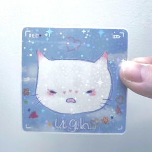 Pastel Angry White Cat Glitter Sticker, Cute Original Art