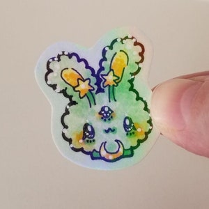 Cute Fluffy Alien Bunny Rainbow Glitter Holographic Sticker, Hand Drawn Original Artwork