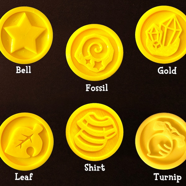 Animal Crossing Replica Bells. ACNH Themed Coins with Bell Star. Shirt, Leaf, Fossil, Turnip and Gold Icons. Doubled Sided.