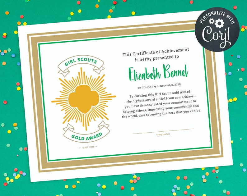 Girl Scout Gold Award Certificate Customizable Etsy