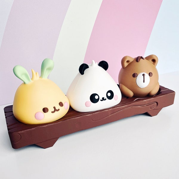 Kawaii Animal Baos on Wooden Block - Bunny, Panda, Bear. Cute Easter Decor.