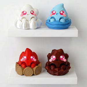 May include: Four whimsical figurines on white shelves. The figurines are cloud, water droplet, fire, and rock-shaped, each with large pink eyes and a smiling expression. The cloud is white, the droplet is blue, the fire is red, and the rock is brown.