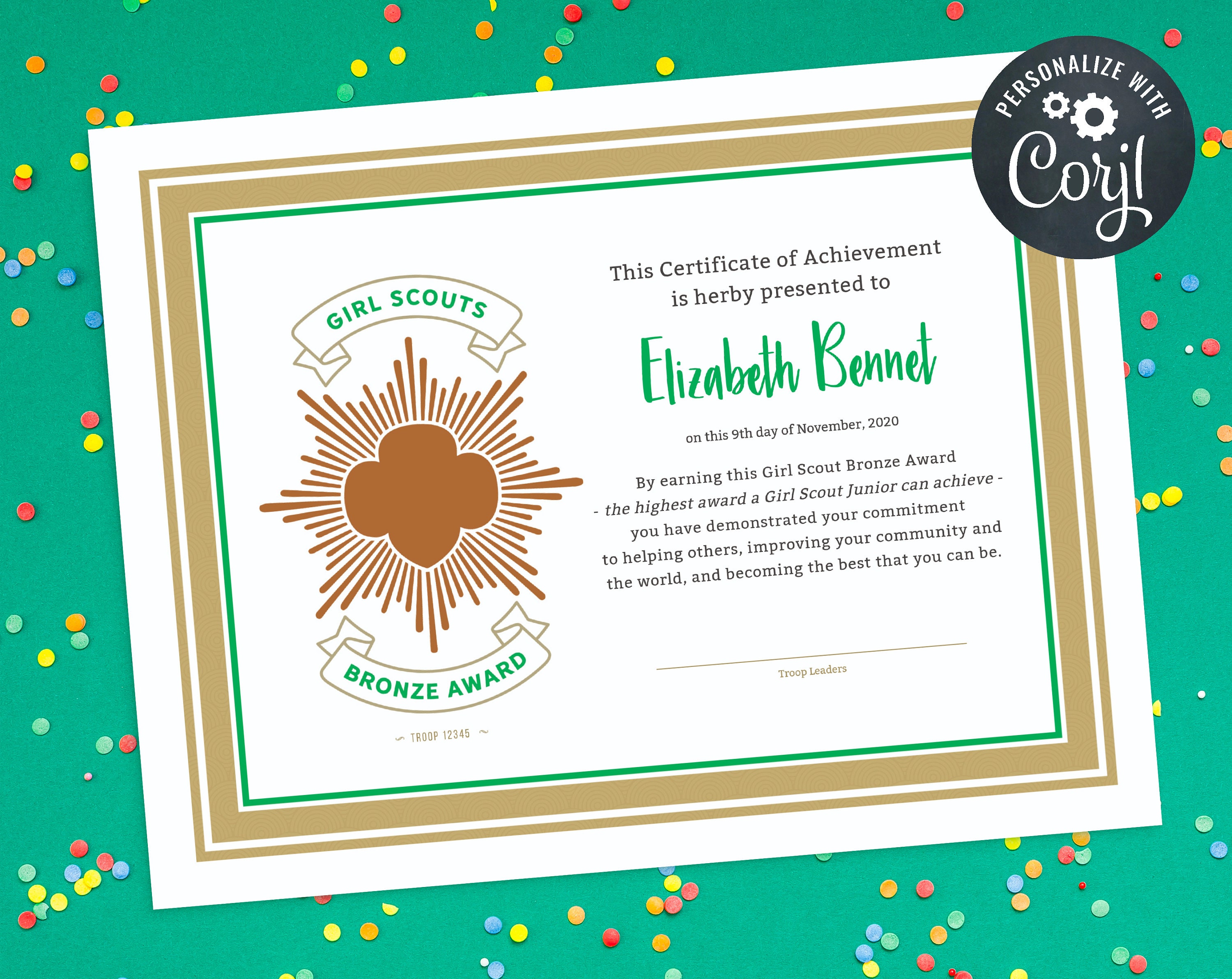 Girl Scout Bronze Award Certificate Customizable Etsy