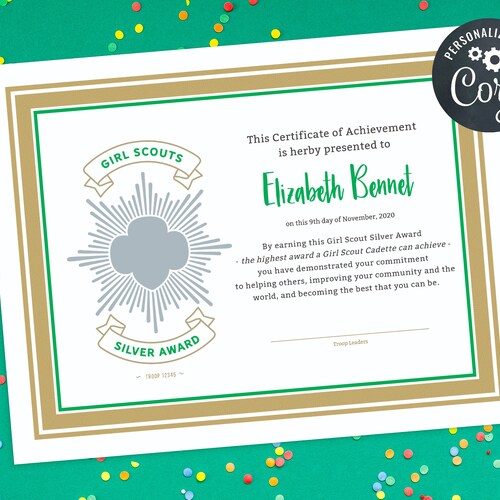 Girl Scout Silver Award Certificate Printable PDF Template - Etsy