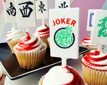 Mahjong Cupcake Toppers | Winds, Dragons & Joker Tiles | Mahjong Party Decorations | Set of 4 or 8
