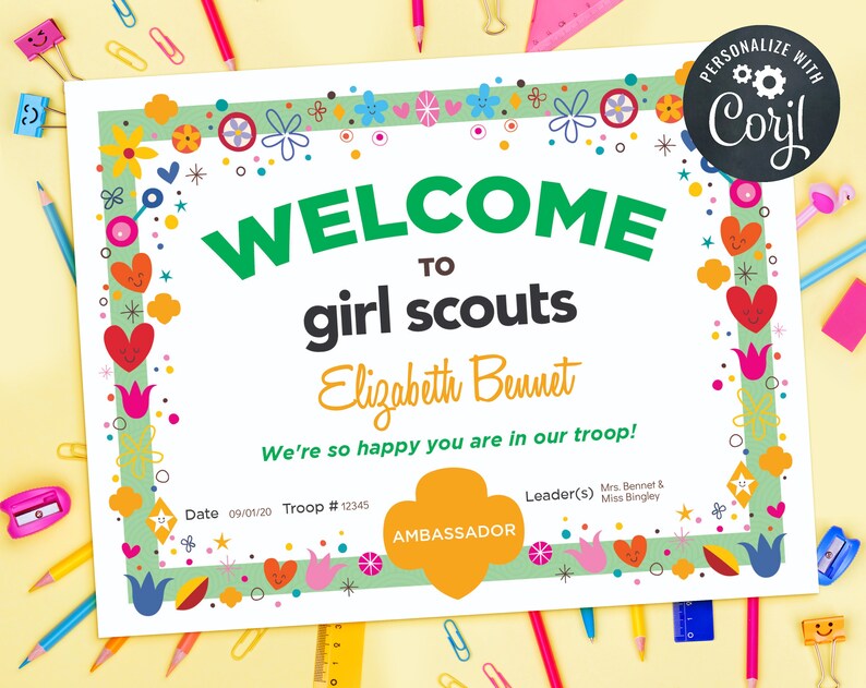 Editable Welcome to Girl Scouts Ambassador Certificate - Etsy