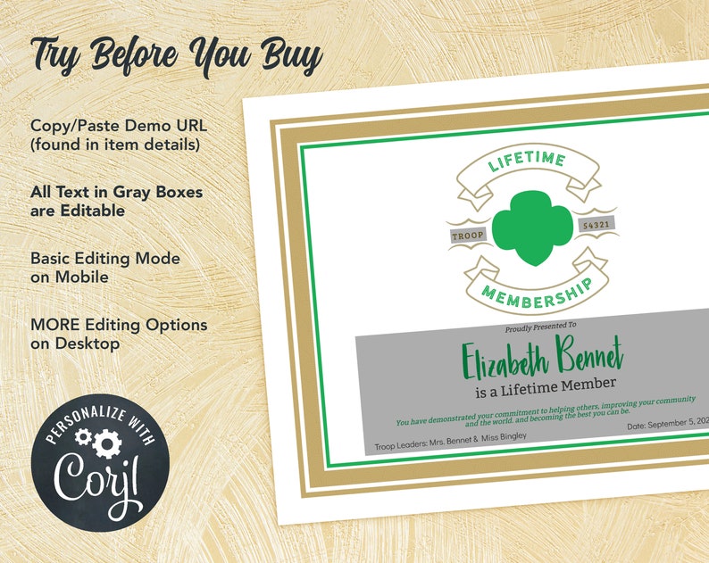 Girl Scout Lifetime Membership Certificate Downloadable Etsy