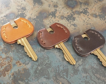 Handcrafted Leather Door Key Covers - SET OF 3 - Cognac Tan / Chestnut Brown / Dark Brown with Matching Thread