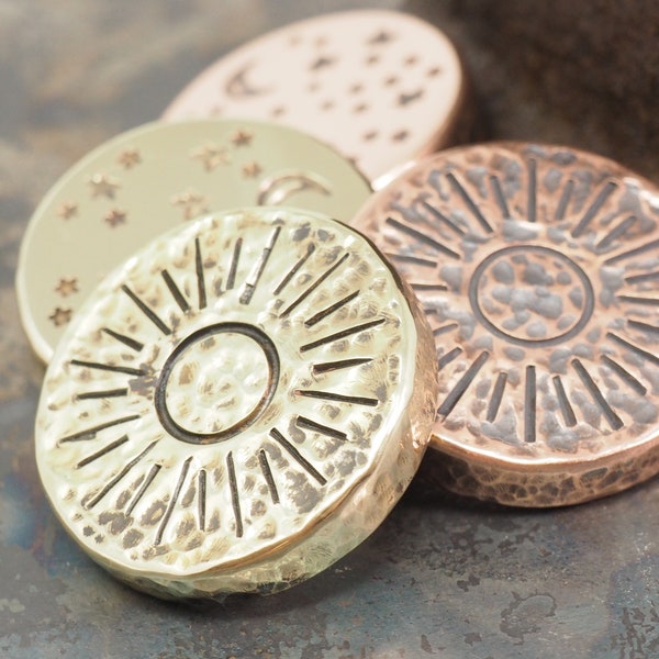 Handmade Hammered Coin - 'Night vs Day' Design - Brass or Copper - Worry Coin EDC Everyday Carry