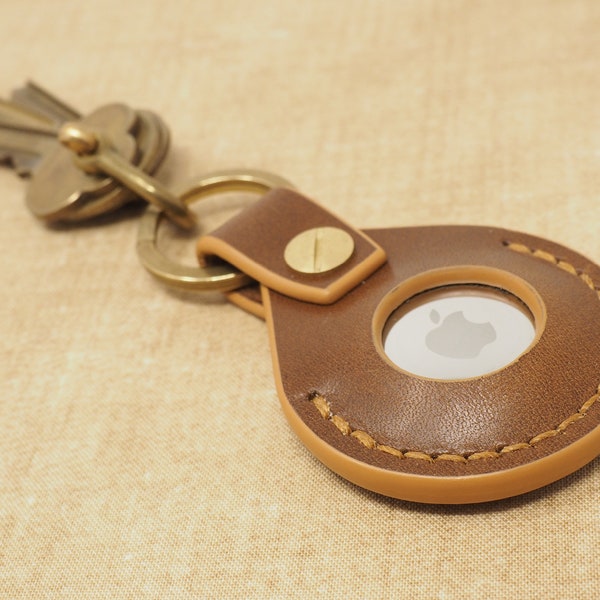 Handmade Key Ring Holder for Apple AirTag - Timber Brown, Tan & Brass