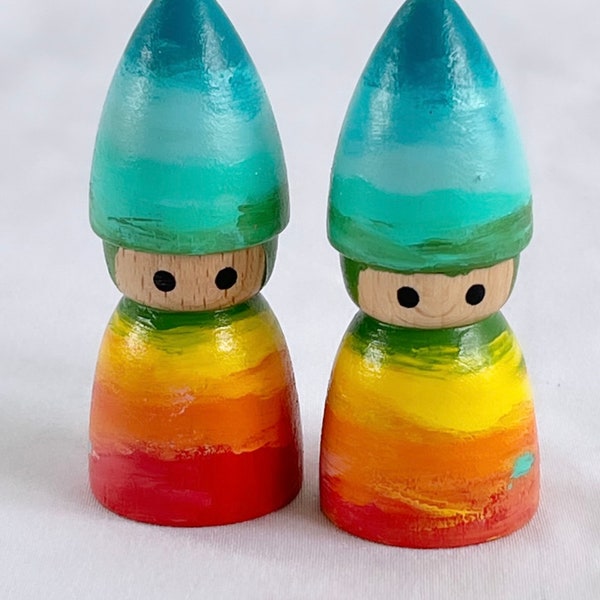 Gnomes rainbow set of 2 wood peg doll toys - woodland fairy creature forest folk storytelling storybook myth small World Play open ended
