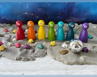 Set of 7 rainbow peg dolls - aliens monsters creatures emotions Halloween dollhouse