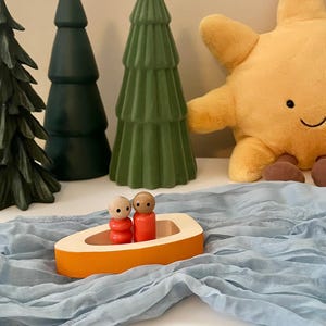 Orange Wood Toy Boat with Peg Dolls, Pretend Play