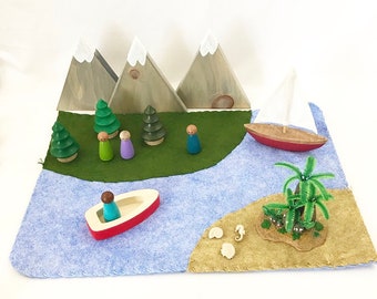 Reversible Wool Felt Play Mat - land water vs. sea - storytelling pretend play peg dolls fairytale imagination landscape fairy ocean