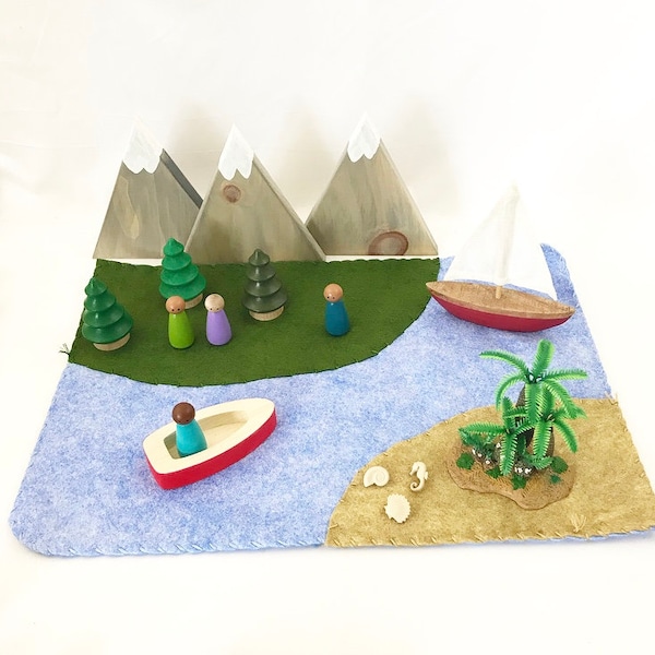 Reversible Wool Felt Play Mat - land water vs. sea - storytelling pretend play peg dolls fairytale imagination landscape fairy ocean