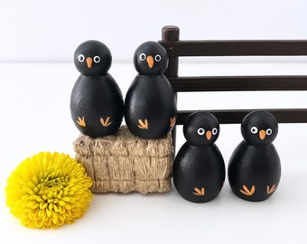 Set of 2 crows - black bird wood peg dolls Halloween fall autumn dollhouse small world play