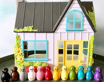 Set of 12 rainbow bird peg dolls
