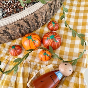 May include: A wooden peg doll with a round head and a brown body featuring a blue and white checkered collar, accompanied by four painted wooden pumpkin shapes in varying sizes of orange and red, all arranged with a green vine.