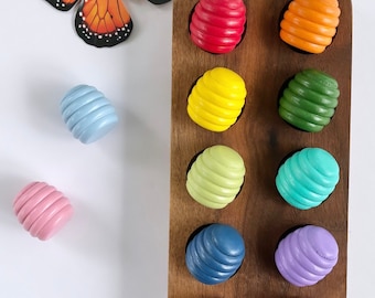 Set of 12 rainbow beehives peg dolls - one inch tall spring nature bug math manipulatives preschool small world play counting