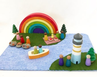 Reversible Wool Felt Play Mat - land watervs. sea -pretend play peg dolls fairytale imagination landscape fairy ocean