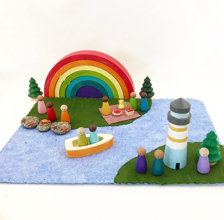 Alfombra de juego reversible de fieltro de lana: tierra, agua y mar: juego de simulación, muñecos de clavija, cuentos de hadas, imaginación, paisajes, hadas, océano