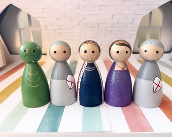 Juegos de 5 muñecos de clavija del reino: rey, reina, caballero dragón, cuento de hadas, libro de imaginación, juego abierto, muñecas de madera, regalo para casa de muñecas para niños