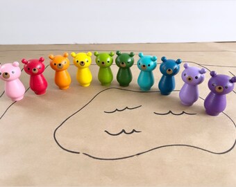 Set of 10 rainbow bears - wood toy fairy garden woodland wilderness