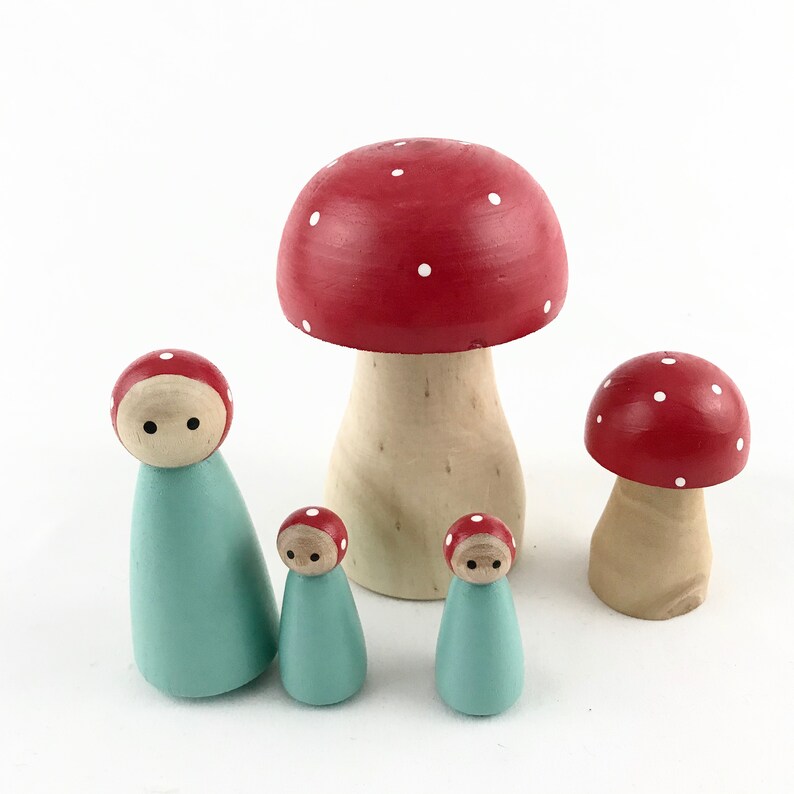 Aqua Mushroom Mama Peg Doll Set Of 3 woodland pretend play storytelling fairytale fairy storybook gnome imagination toy fungi image 1