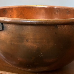 Large Antique Candy Copper Kettle With Hand Wrought Iron Strap Handles