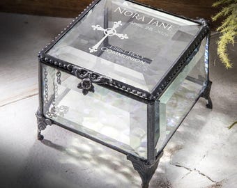 Personalized First Holy Communion Keepsake Box – Custom Engraved Glass Jewelry Box, Religious