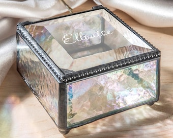 Personalized Glass Jewelry Box – Custom Name or Word – 3x3 Keepsake Gift for Her – Iridescent Glass Bottom – Multiple Colors Available