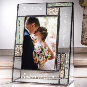Wedding Engraved Stained Glass Picture Frame – 4x6 or 5x7  Custom Personalized Gift, Yellow & Green Wedding Keepsake, Anniversary Gift