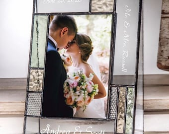 Wedding Engraved Stained Glass Picture Frame – 4x6 or 5x7  Custom Personalized Gift, Yellow & Green Wedding Keepsake, Anniversary Gift