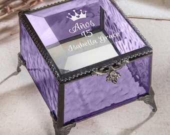 Personalized Quinceañera Keepsake Gift – Custom Engraved Glass Jewelry Box with Crown