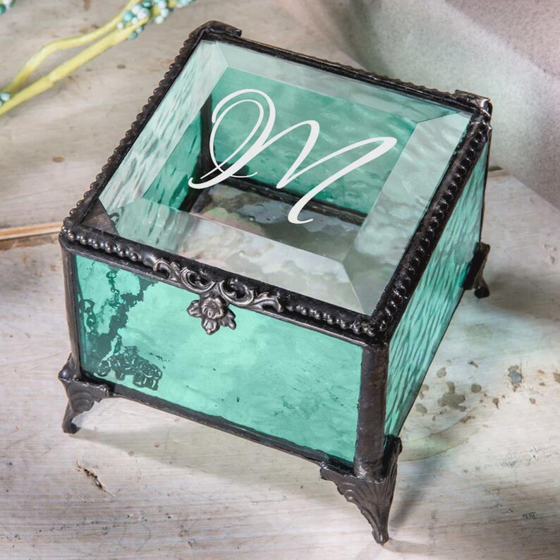 Monogrammed Script Initial Keepsake Box Engraved Turquoise
