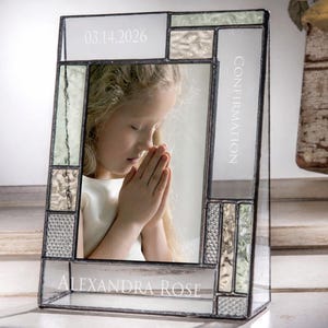 Personalized Confirmation Gift Picture Frame 4x6 Vertical Stained Glass Pale Yellow, green, clear