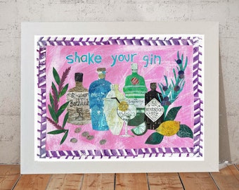 Gin Wall Art called Shake your Gin, digital print from an original collage by Tracy Evans