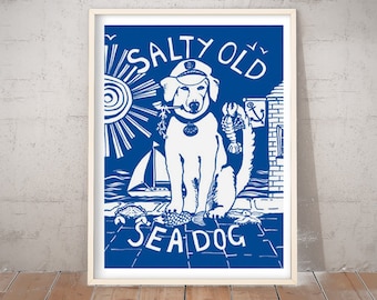 May include: A blue and white illustration of a dog wearing a sailor hat and holding a pipe. The dog is surrounded by nautical imagery, including a sun, a boat, a lobster, and an anchor. The text "Salty Old Sea Dog" is written above the dog.