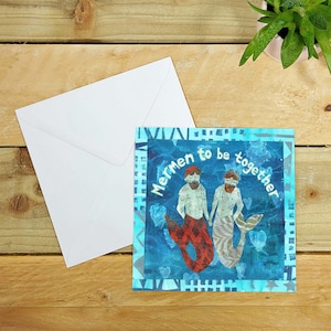 Mermen estarán juntos tarjeta de saludo, tarjeta Mermen, tarjeta de San Valentín, tarjetas LGBT, asociación civil, arte costero por puerto y limón