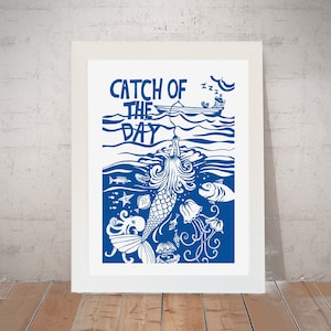 Mermaid Art Print, Wall Art, Digital Print, Nautical Print, Coastal Art, Valentines, Anniversary gift, Catch of the day by Port and Lemon