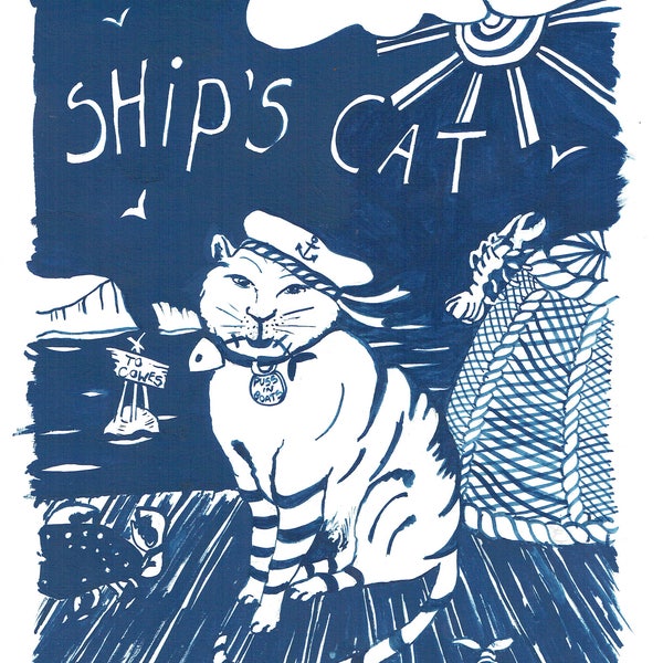 Ship's Cat - Original painting in gouache by Tracy Evans for Port and Lemon, hand painted, sailor, nautical, blue and white image, seaside