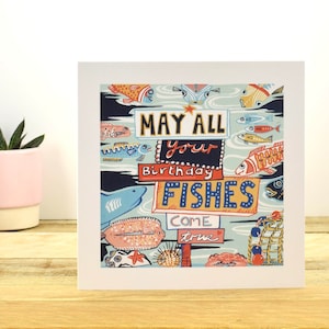 Carte de voeux d’anniversaire poissons, carte d’anniversaire, carte de poissons, carte de pêcheurs, carte d’Art côtière, de Port et de citron