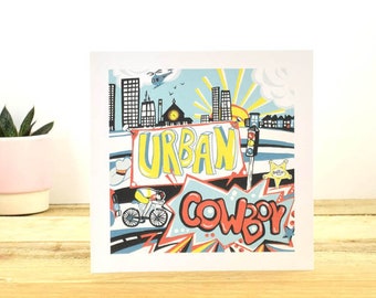 Urban Greetings card, Cards for Males, Card for City Dweller, Town Card, Cycling Card, Birthday Card, Urban Cowboy Card by Port and Lemon