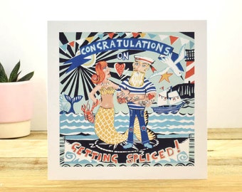 Congratulations on getting spliced Greetings card, Wedding card, Coastal Wedding Card, Coastal Art Card, Mermaid card, by Port and Lemon