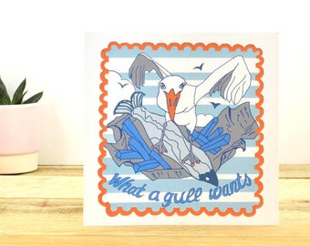 Seagull Card, Greetings Card, Seaside Card, Birthday Card, Blank Card, Humourous Card, What a gull wants card by Port and Lemon