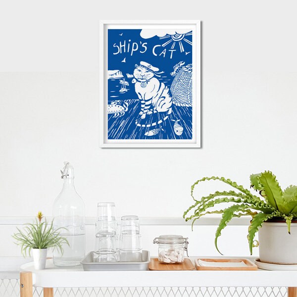 Sailing Cat Art Print Wall Art Blue and White Print Coastal - Etsy
