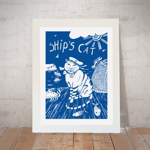 Sailing Cat Art Print, Wall Art, Blue and White Print, Coastal Art, Nautical print, Cat Lover Art, Ships Cat art print by Port and Lemon