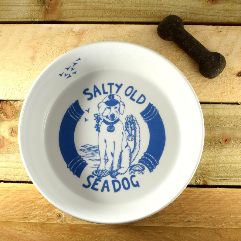 Dog Bowl, Hand Decorated, Dog Gifts, Bowl, Bone China Bowl, Pet gifts, Salty Old Sea Dog bone china bowl by Port and Lemon image 1