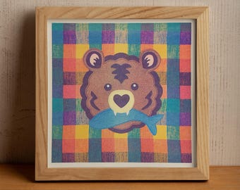 Bear With Fish Risograph Art Print