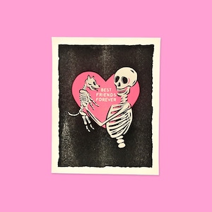 Stampa artistica Risograph "Best Friends Forever" con scheletri neri e rosa, 5x7"